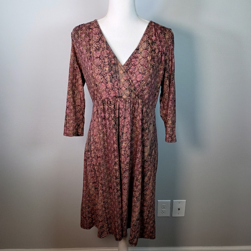 Peruvian Connection L Margaux Faux Wrap V-Neck 3/4 Sleeve Rustic Midi Dress